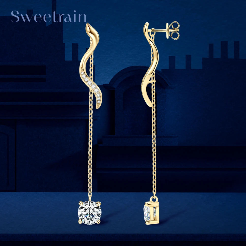 Sweetrain 1CT Moissanite Drop Earrings S925 Sterling Silver Long Tassel Dangle Earring for Women Wedding Jewelry Gifts with GRA