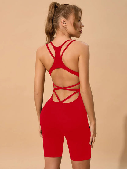 Seamless Women's Yoga Jumpsuits Racerback Strappy Back Athletic One-Piece Bodysuits for Gym & Workout Activewear