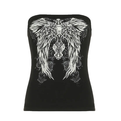 Gothic Print Black Strapless Tube Top Women Skinny Cropped Summer Casual Chic Graphic Tee Y2K Streetwear Basic Vest