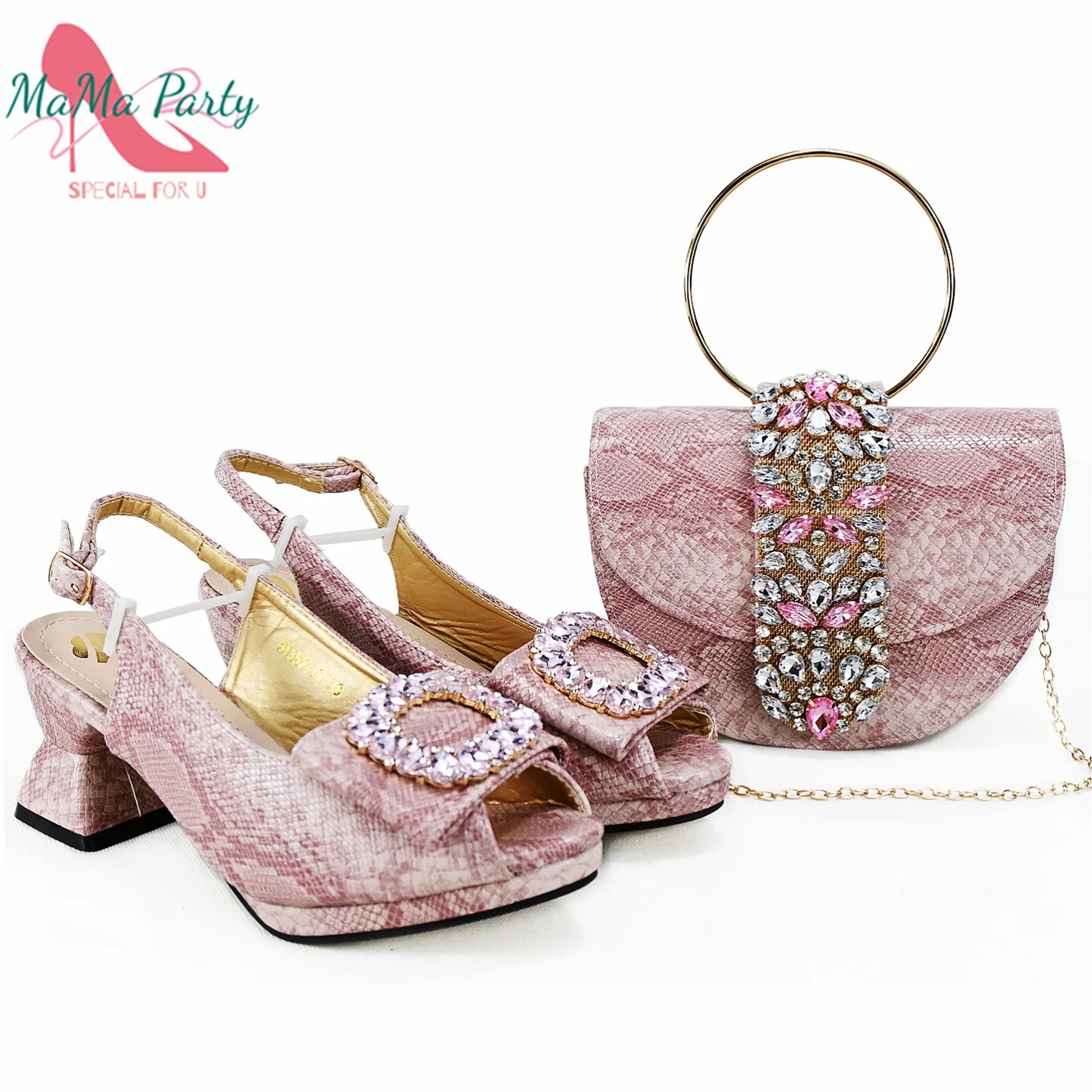 2025 Autumn New Design Specials Italian Women Shoes and Bag Set Pink Color Comfortable Mid Heels With Rhinestone
