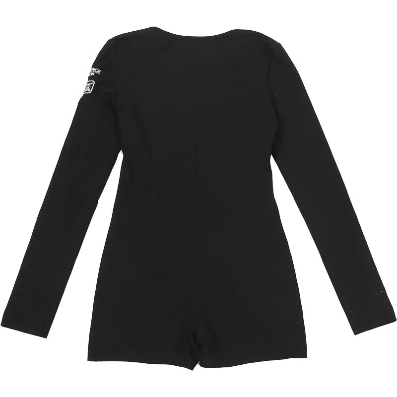 SylCue Letter Print Playsuits Woman Autumn Trend Single-Breasted Low-Neck Full Sleeve Street Skinny Stretch Casual Style Rompers