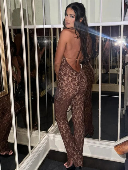 Mozision Lace Backless Sexy Jumpsuit Women Rompers Halter Off-shoulder Sleeveless Skinny Club Party Jumpsuits Female Clothes