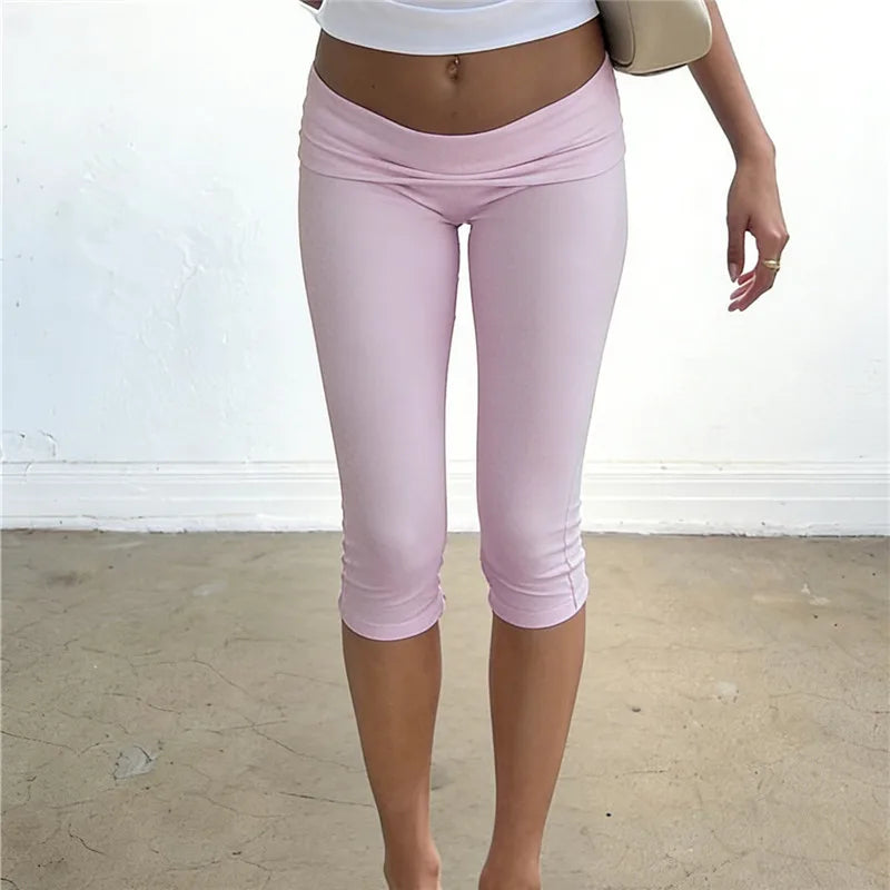 Women Y2K Low Rise Fold Over Waistband Capri Leggings Slim Fit High Stretch Yoga Pants Casual Streetwear Summer Workout Capris