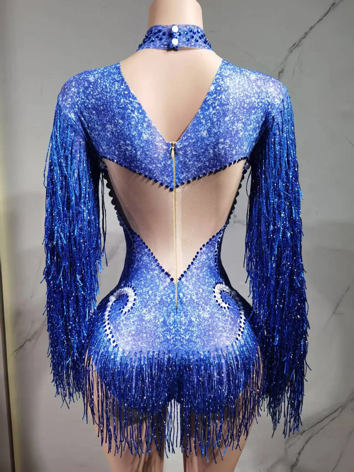 Luxury Gray Fringe Silver Rhinestones Pearls Transparent Bodysuit Women Dance Show Costume Birthday Party Outfit