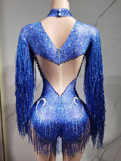 Luxury Gray Fringe Silver Rhinestones Pearls Transparent Bodysuit Women Dance Show Costume Birthday Party Outfit