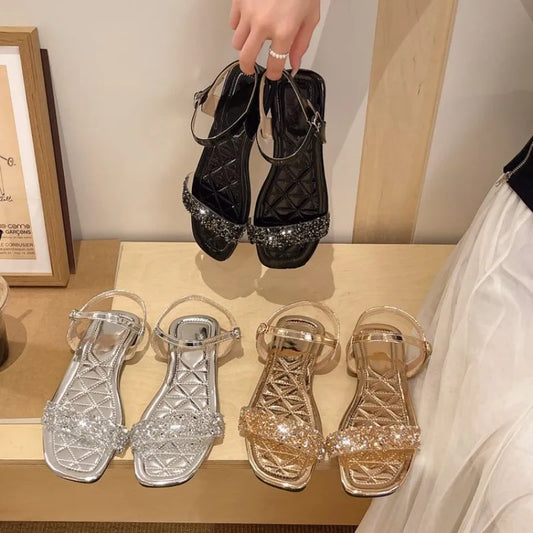 Luxury Crystal Square Toe Sandals Elegant Peep Toe Flat Slides Summer Fashionable Beach Shoes for Women