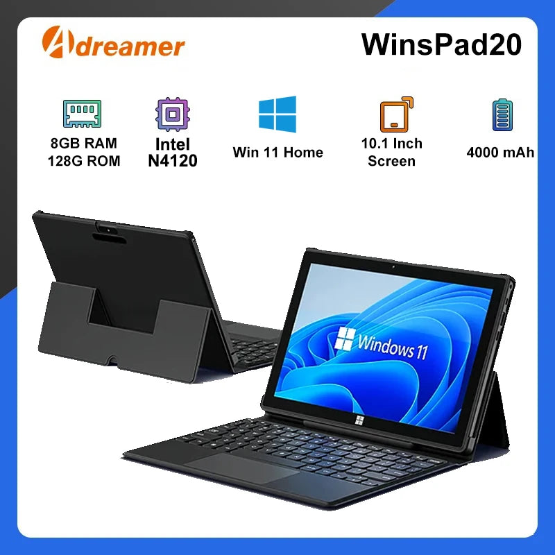Adreamer 2-in-1 Laptop 10.1 Inch Portable Tablet PC 1280x800 IPS Win 11 OS Intel N4120 8GB & 128GB For Student Daily Business