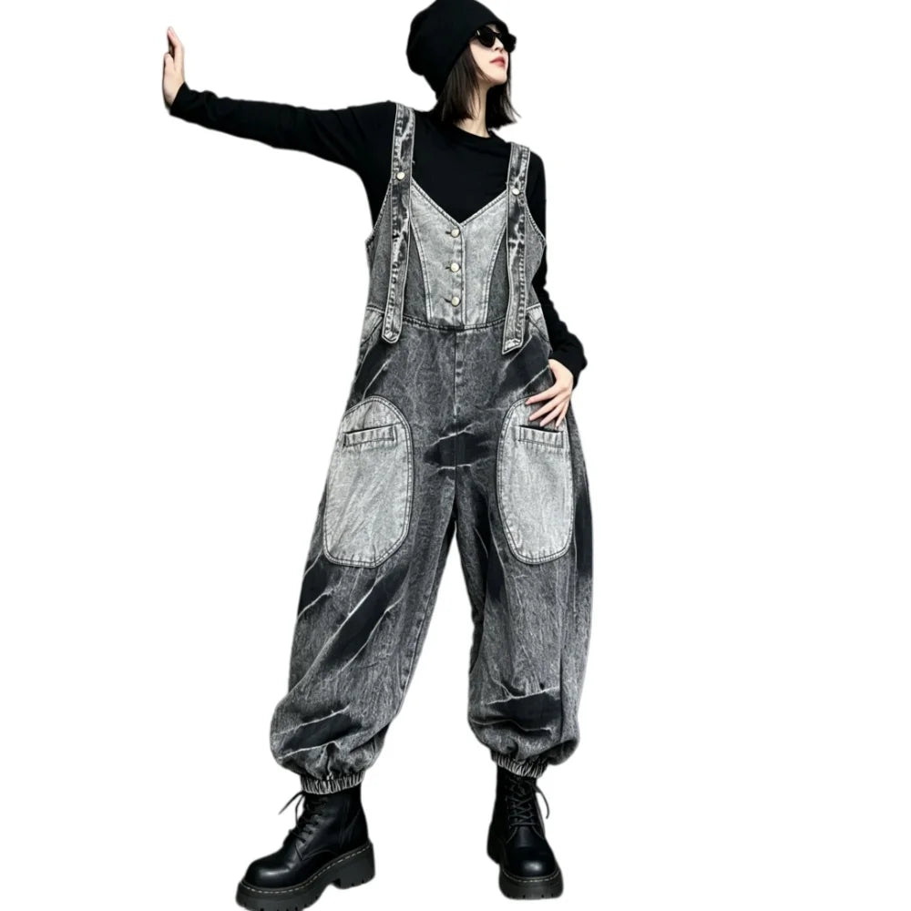 Unique Trendy Cool Distressed Color-blocked Denim Overalls Women Loose Plus-size Stylish One-piece Lantern Pants Autumn LX6298