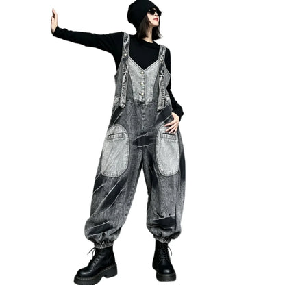Unique Trendy Cool Distressed Color-blocked Denim Overalls Women Loose Plus-size Stylish One-piece Lantern Pants Autumn LX6298