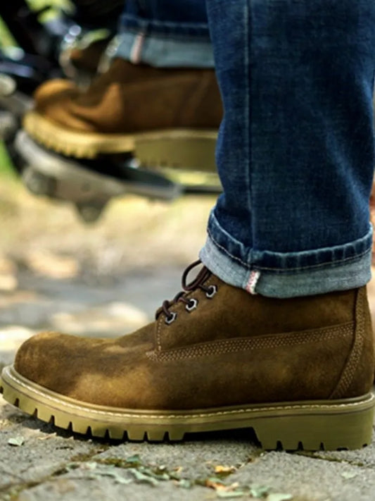 Vintage Mens Real Cow Suede Leather Work Boots Lace Up High Top Thick Platform Ankle Boots Male Motorcycle Riding Safety Shoes
