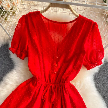 2025 Summer Women Playsuit Polka Dot See Through Thin Beach Rompers Sexy V-neck Short Sleeve Drawstring Sash Slim Waist Overalls