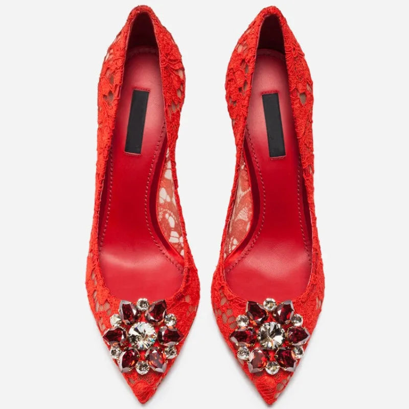 Mesh lace high-heeled shallow mouth shoes 2026 new pointed crystal buckle slim heel fashionable banquet women's single shoes