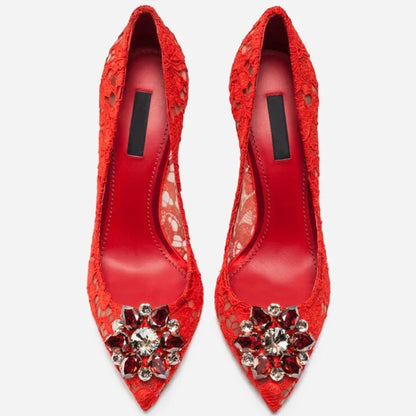 Mesh lace high-heeled shallow mouth shoes 2026 new pointed crystal buckle slim heel fashionable banquet women's single shoes
