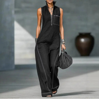 Solid Color Women Sleeveless Jumpsuit Casual Long Pants Rompers with Pockets Summer Zip Up Stand Collar One Piece Overalls