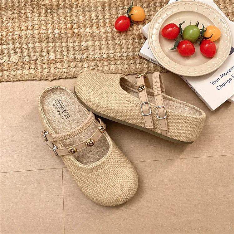 Women's Woven Mary Jane Mules Flat Round Toe Slip-On Shoes with Buckle Straps and Rose Hardware Casual Balletcore Summer Sandals