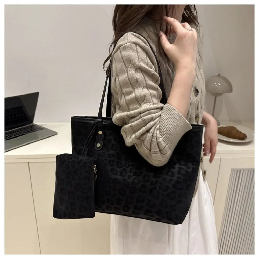 Vintage Leopard Print Women Tote Bag PU Leather Large Capacity Underarm Bag with Mini Bag Briefcase Bags