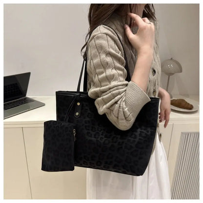Vintage Leopard Print Women Tote Bag PU Leather Large Capacity Underarm Bag with Mini Bag Briefcase Bags