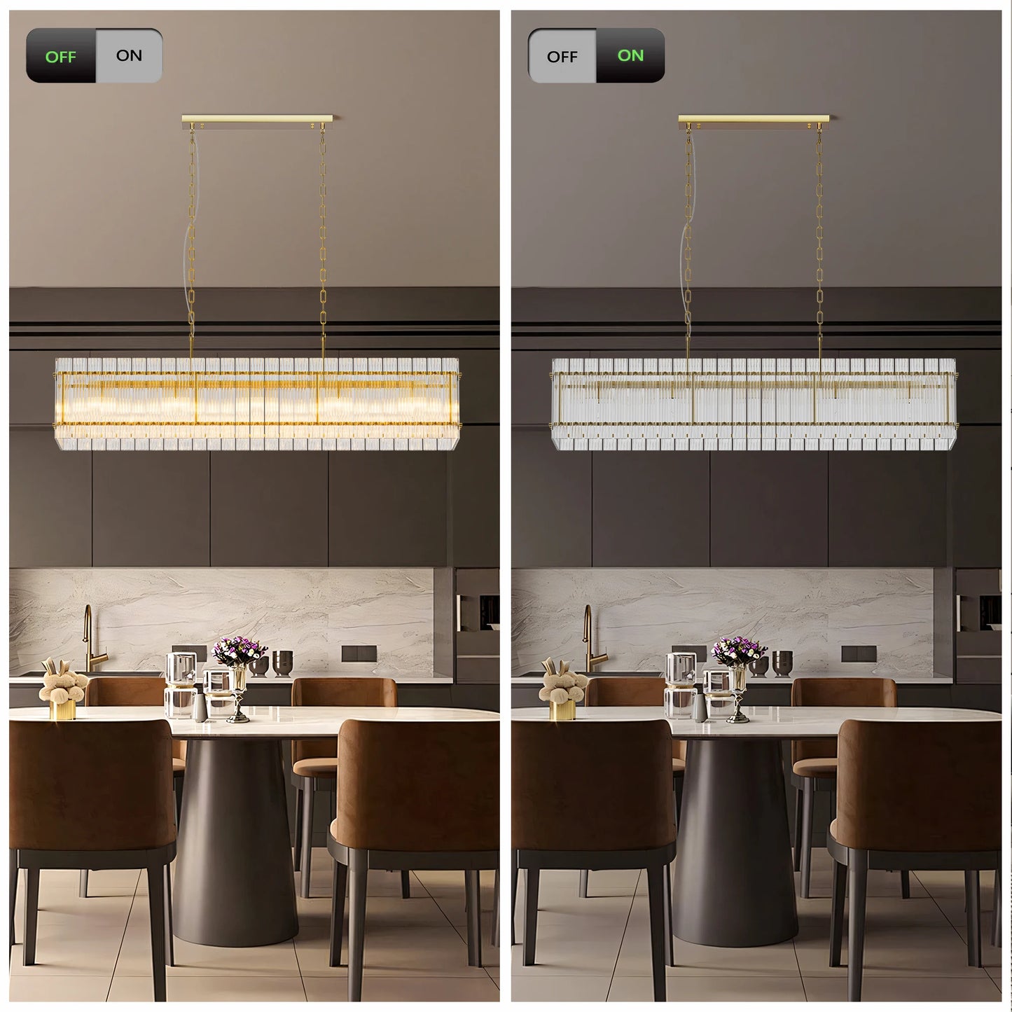 Modern Rectangular Crystal Glass Chandelier, 10-Lights Glod Chandelier Lighting Contemporary Pendant Ceiling Light Fixture