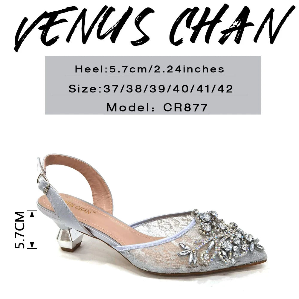 Venus Chan Nigerian Elegant Lace Net Style Green Crystal Low Heel Shoes And Three-Dimensional Mini Bag Commuter Women's Shoes