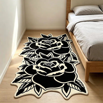 Fashion Retro Black White Rose-Shaped Living Room Carpet Light Luxury Bedroom Bedside Rug Soft Comfortable Floor Mat Home Decor