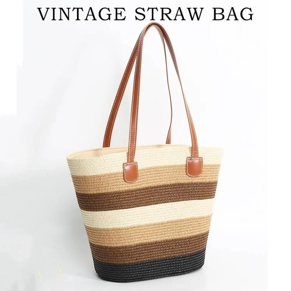 Fashion Straw Tote Bag Stripe Large Capacity Woven Shoulder Bag Square Zipper Woven Hat Vacation Top-Handle Bags