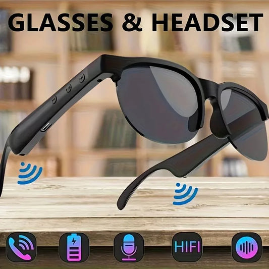 Smart Glasses Wireless Hi-Fi Headphones, Dual Speakers, Touch Controls, and USB-C Charging; supports calls and music playback.