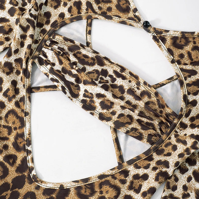 AVV Fashion Leopard Printing Long Sleeve Hollow Out Club Rompers Sexy Women's V-neck High Waist Skinny Jumpsuit Streetwear