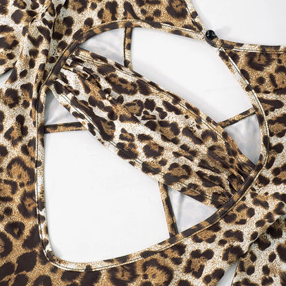 AVV Fashion Leopard Printing Long Sleeve Hollow Out Club Rompers Sexy Women's V-neck High Waist Skinny Jumpsuit Streetwear