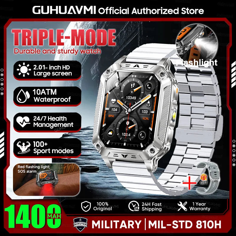2026 New Military outdoor 1400mAh Battery SmartWatch Men Waterproof Call 2.01" HD AMOLED Sports Heart rate Flashlight Smart Band