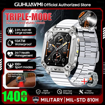 2026 New Military outdoor 1400mAh Battery SmartWatch Men Waterproof Call 2.01" HD AMOLED Sports Heart rate Flashlight Smart Band