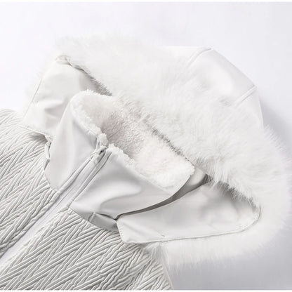 Women's Chic White Hooded Ski Jumpsuit with Waist Belt Warm Snowproof One-Piece Snow Wear Winter Sports Fashion Lady Snowsuit
