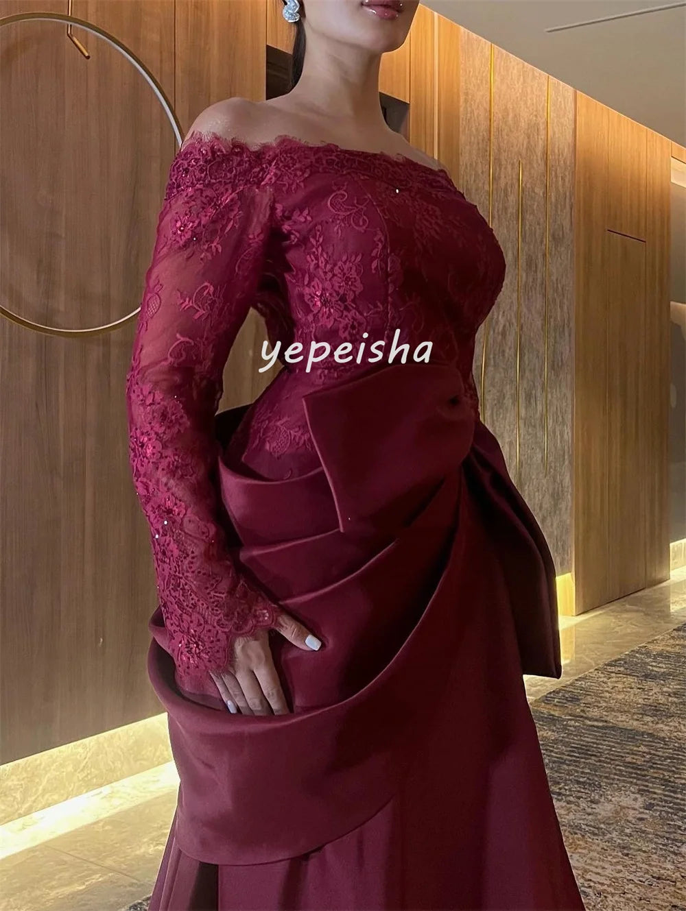 Customized Sexy Exquisite Draped Lace Bow A-line Off-the-shoulder Long Dresses Bespoke Occasion Dresses Sizes Available Fashion