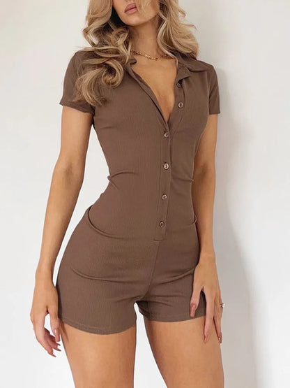 Fashion Solid Color Lapel Short Playsuit One-Piece Slim Fit Button Down Short Sleeve Rompers Casual Knit Y2k Womens Clothing