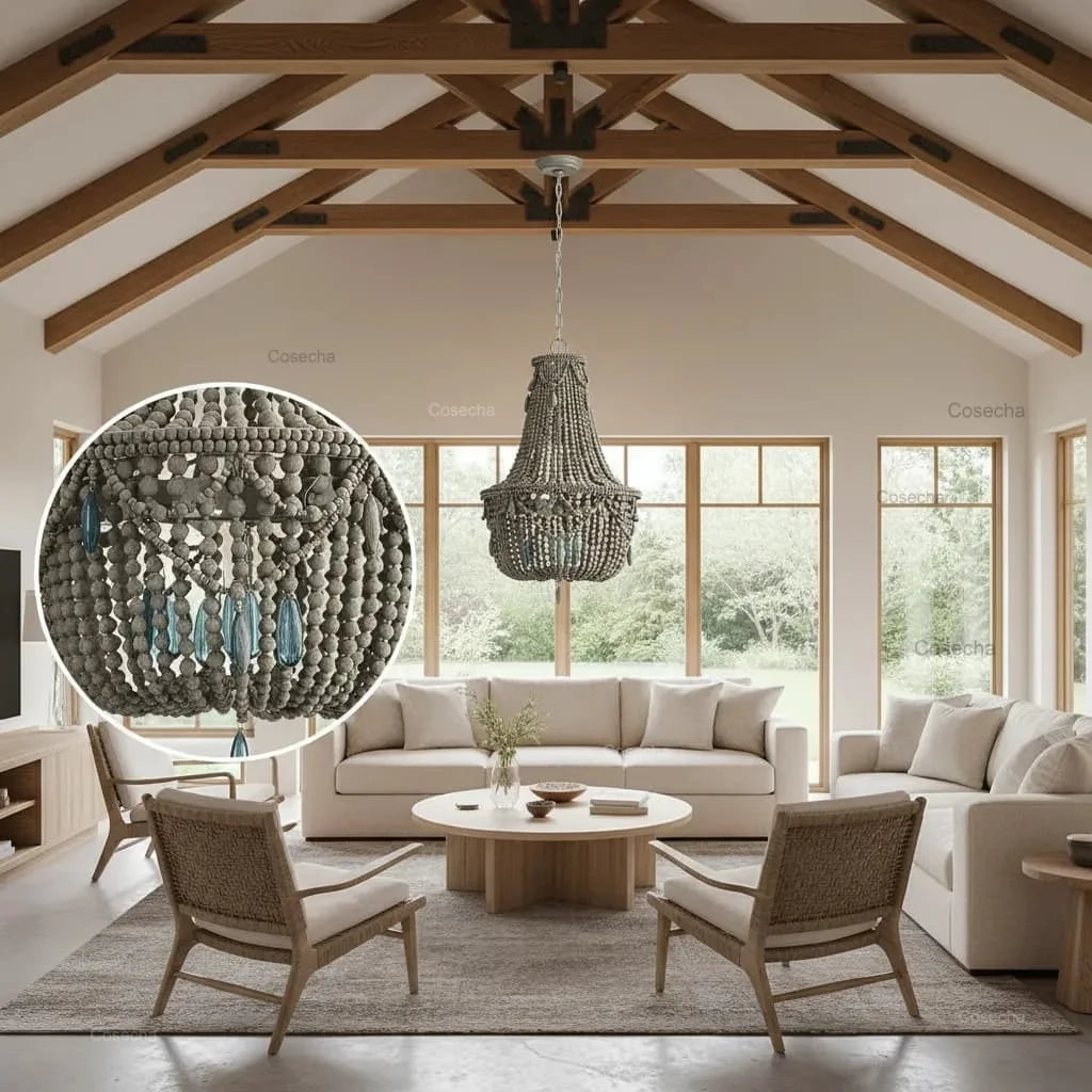 Black French Country Chandelier Large Hanging Lights Dia60 H65cm Living Room Boho Wood Bead Chandelier For Bedroom Dining Room