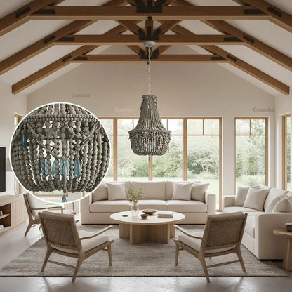 Black French Country Chandelier Large Hanging Lights Dia60 H65cm Living Room Boho Wood Bead Chandelier For Bedroom Dining Room