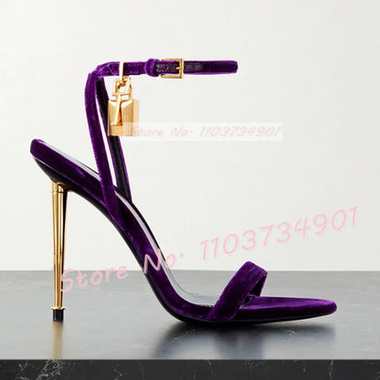 Metal Heel Lock Metallic Leather Sandals Female Luxury Open Toe Stiletto High Heels Shoes Lady Elegant Party Ankle Strap Sandals