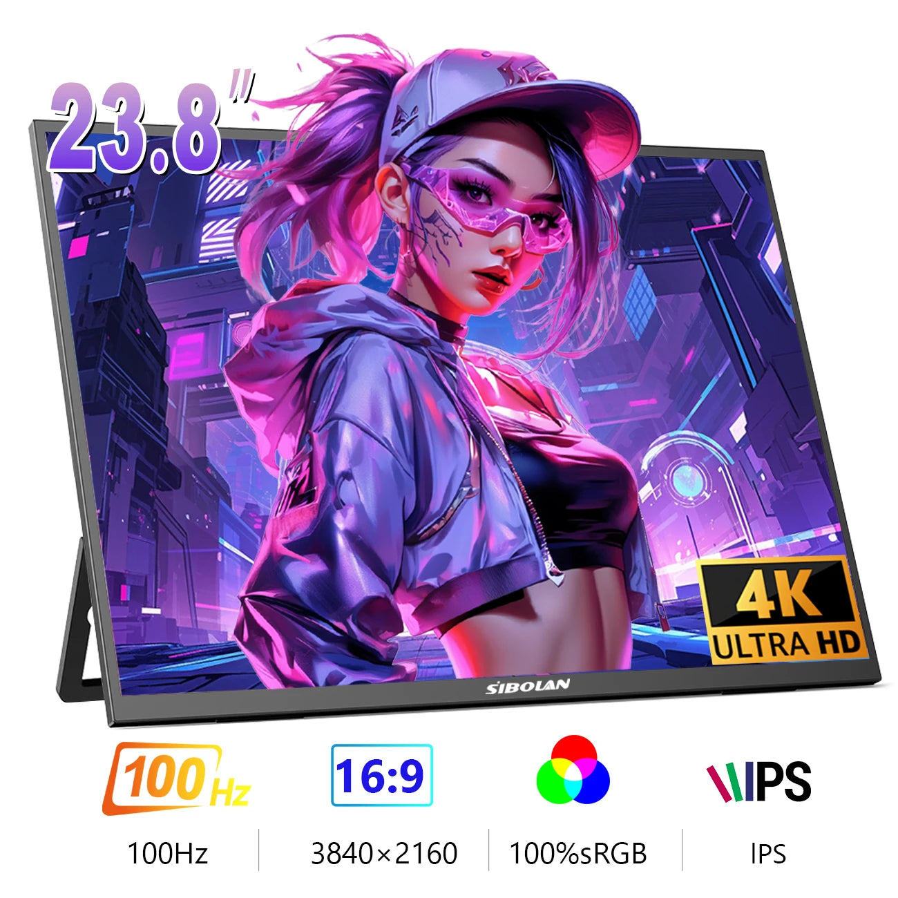 SIBOLAN 23.8" 4K Portable Monitor UHD 3840*2160 100%sRGB External Gaming Screen USB C LS Stand VESA for Mini PC Laptop MAC