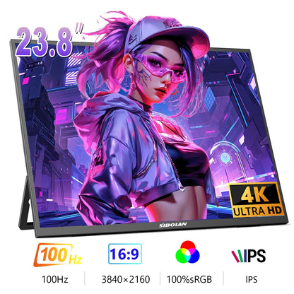 SIBOLAN 23.8" 4K Portable Monitor UHD 3840*2160 100%sRGB External Gaming Screen USB C LS Stand VESA for Mini PC Laptop MAC