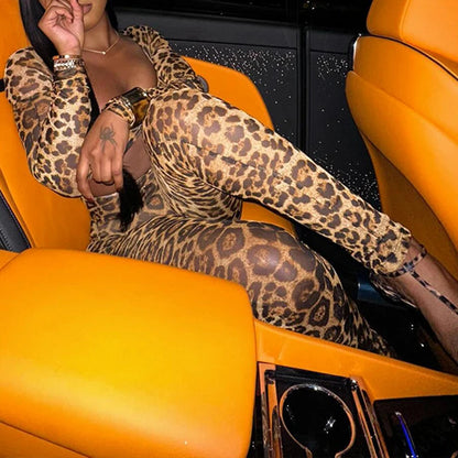 AVV Fashion Leopard Printing Long Sleeve Hollow Out Club Rompers Sexy Women's V-neck High Waist Skinny Jumpsuit Streetwear