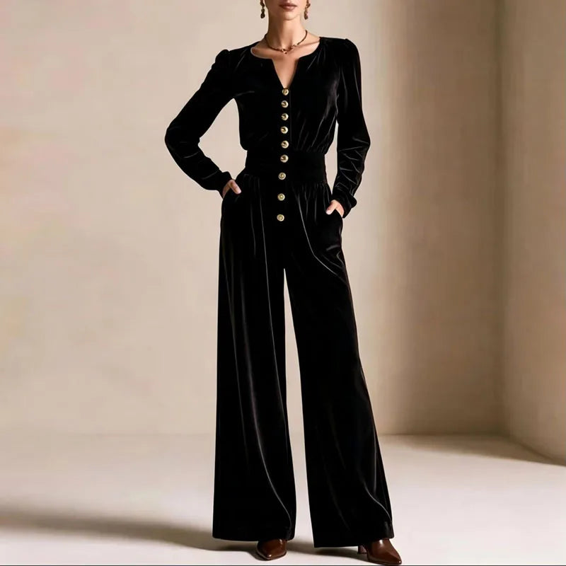 Elegant Solid Corduroy Overalls Ladies Notched V-Neck Long Sleeve Buttons Elastic Waist Romper New Autumn Casual Party Jumpsuits
