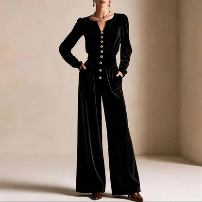 Elegant Solid Corduroy Overalls Ladies Notched V-Neck Long Sleeve Buttons Elastic Waist Romper New Autumn Casual Party Jumpsuits