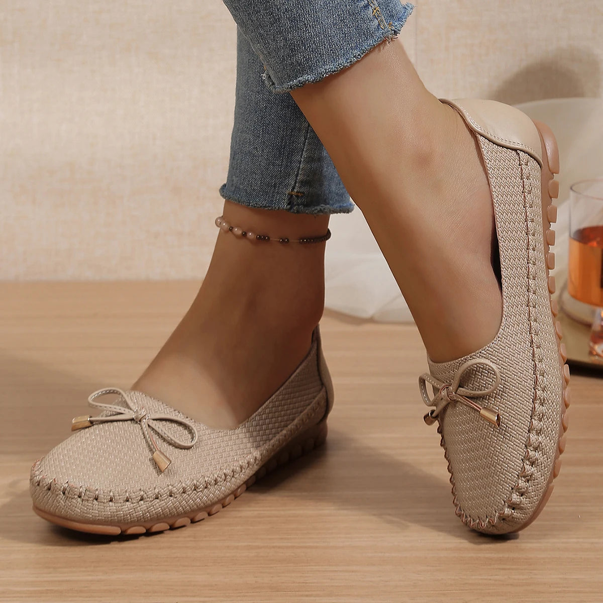 Goreyodoly Womens Casual Slip On Flats Woven Pattern Bow Breathable Lightweight Comfortable Daily Walking Shoes