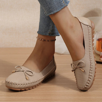 Goreyodoly Womens Casual Slip On Flats Woven Pattern Bow Breathable Lightweight Comfortable Daily Walking Shoes