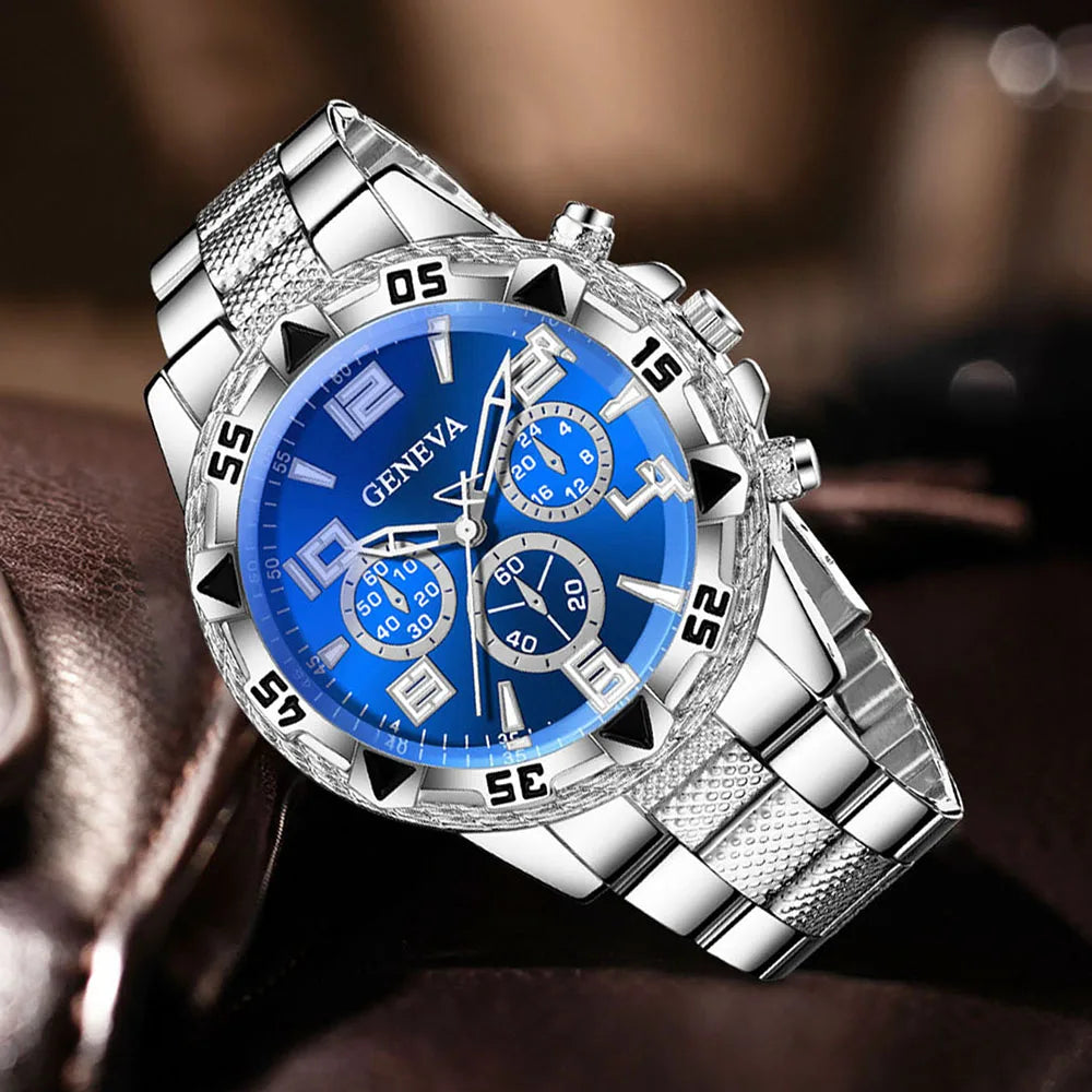 Geneva Three Eyes Blue Plate Men's Steel Belt Watch Blue and White Full Diamond Cuban Bracelet Two Piece Set,