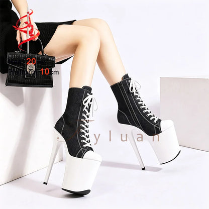 20CM/8Inch Extreme High Heel Platform Ankle Booties for Women Pole Dance Shoes Front Lace Up Black Denim Canvas Stiletto Boots