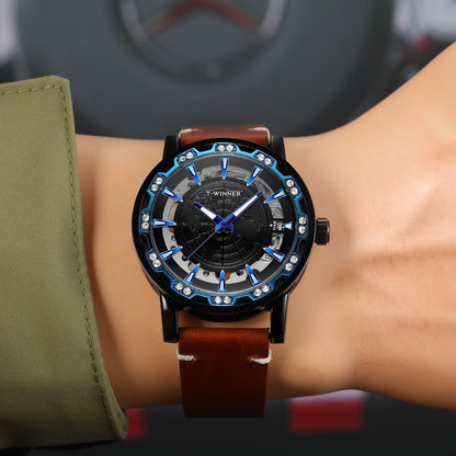 Winner Design World Map Transparent Skeleton Mechanical Watch for Men Fashion Diamond Luminous Luxury Leather Strap Unisex