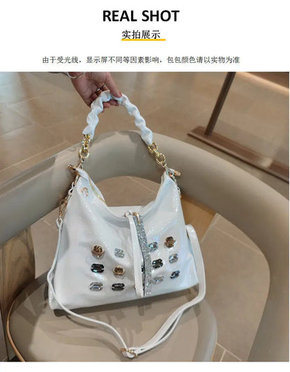 2026 New Fashion Diamonds Women Handbags Genuine Leather Tote Bag Large Capacity Work Commute Leisure Versatile Shoulder Bags