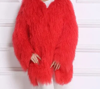 Mongolian Fur Coats Fur Lapel Jacket Women Elegant White Fluffy Solid Thicken Warm Long Sleeves Coats Winter Chic Oversize Lady