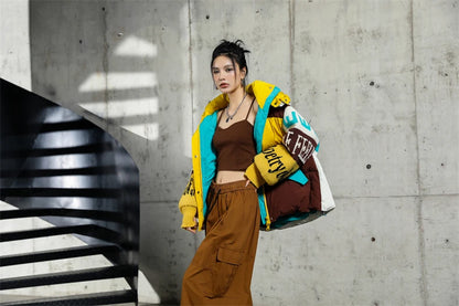 Streetwear Letter Stitching Fashion Down Jacket Women's New Hooded Parka Loose Winter Down Coat Female Thick Casual Warm Clothes