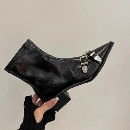 2026 Fashion Buckle Decor Side Zipper Casual Women's Ankle Boots New Solid Pointed Toe Mid Heel Comfort Outdoor Boots for Women